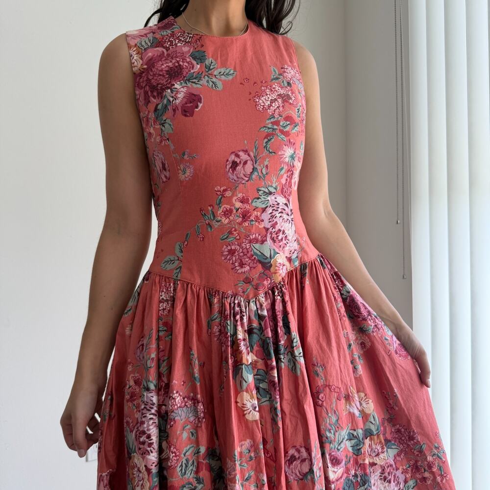Vintage 90s Floral Dress Small Fit Flare Basque Waist Romantic Garden 50s Style - Picture 3 of 15